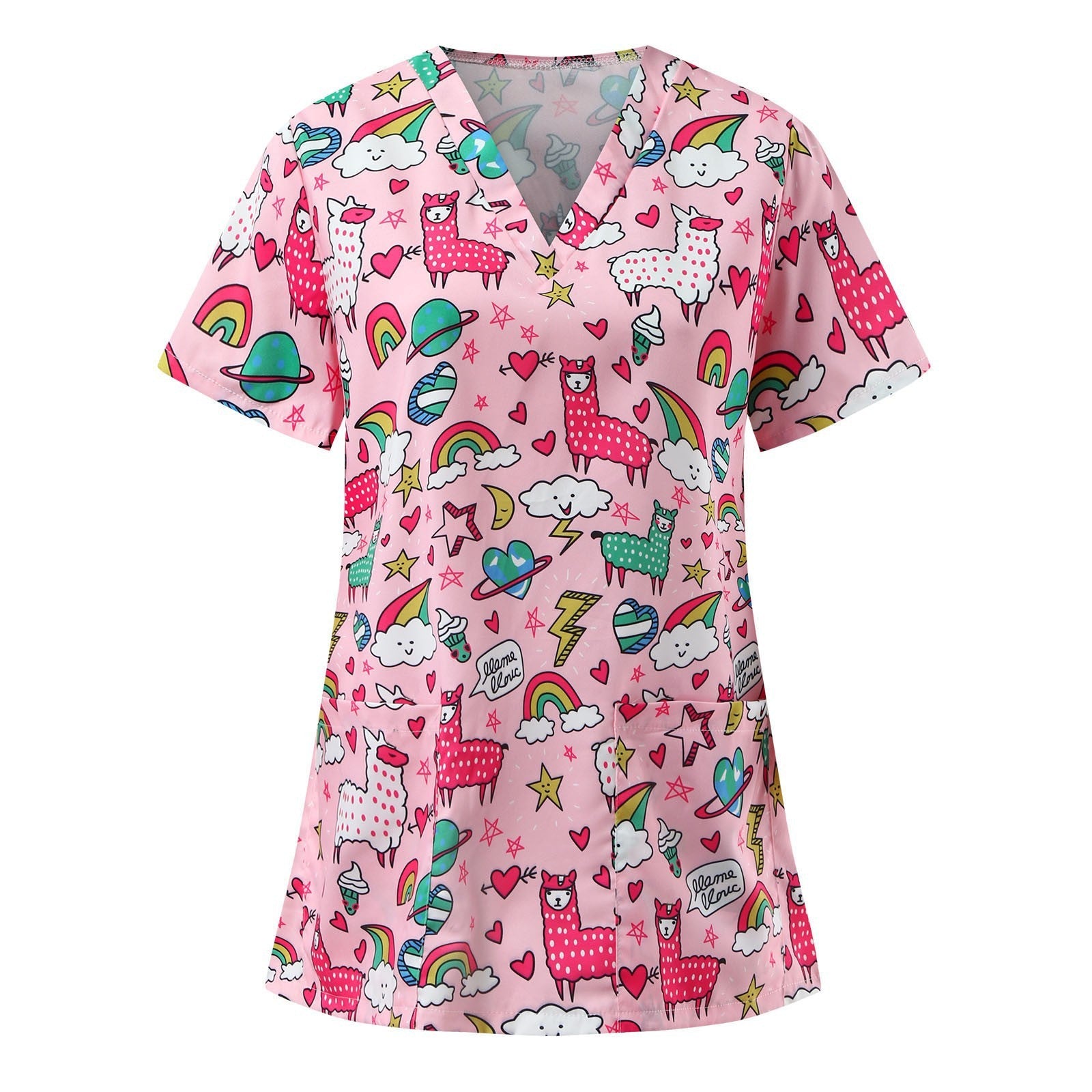 Wholesale Women's V-neck Cartoon Printed Pockets Polyester Work Clothes